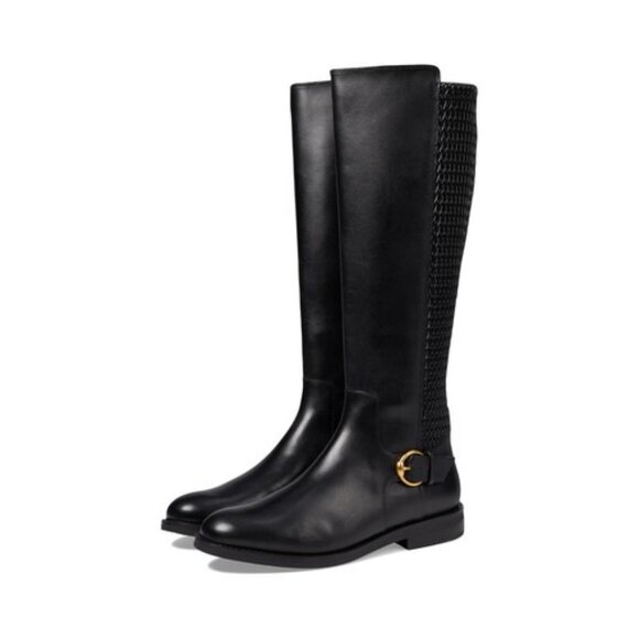 Cole Haan Clover Black Leather Stretch Tall Riding Boots Gold Buckle Sz 8B NWT - Picture 2 of 6